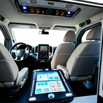 **Prompt:** Modern ambulance interior, filled with life-saving equipment, EMT attending to patient, telemetry system glowing, GPS navigation screen visible, conveying a sense of urgency and advanced medical technology.