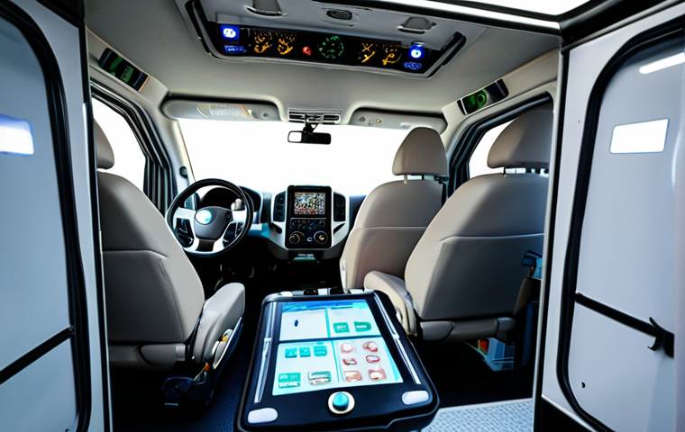 **Prompt:** Modern ambulance interior, filled with life-saving equipment, EMT attending to patient, telemetry system glowing, GPS navigation screen visible, conveying a sense of urgency and advanced medical technology.