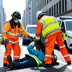 Ambulance Crew Safety**

"An ambulance crew wearing high-visibility safety jackets and helmets attending to an accident victim on a busy city street, appropriate attire, fully clothed, safe for work, perfect anatomy, correct proportions, professional photography, daytime setting, realistic rendering, modest clothing, family-friendly."

**