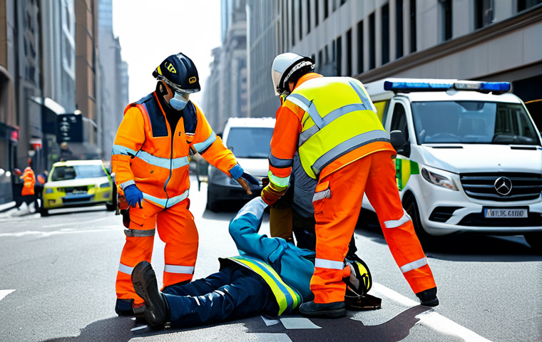 Ambulance Crew Safety**

"An ambulance crew wearing high-visibility safety jackets and helmets attending to an accident victim on a busy city street, appropriate attire, fully clothed, safe for work, perfect anatomy, correct proportions, professional photography, daytime setting, realistic rendering, modest clothing, family-friendly."

**