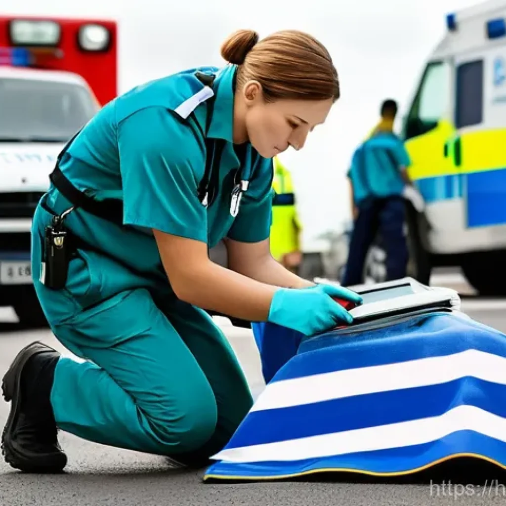 응급구조사와 출동 리포트 작성법 - **Prompt:** A diverse group of paramedics, fully clothed in their uniforms, at the scene of a minor ...