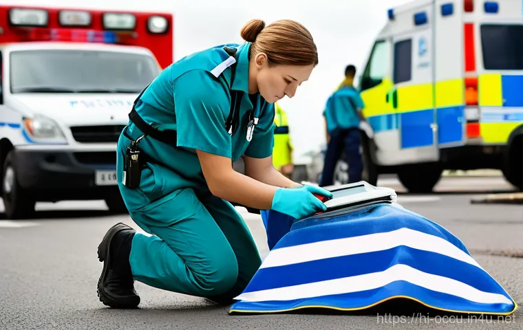 응급구조사와 출동 리포트 작성법 - **Prompt:** A diverse group of paramedics, fully clothed in their uniforms, at the scene of a minor ...