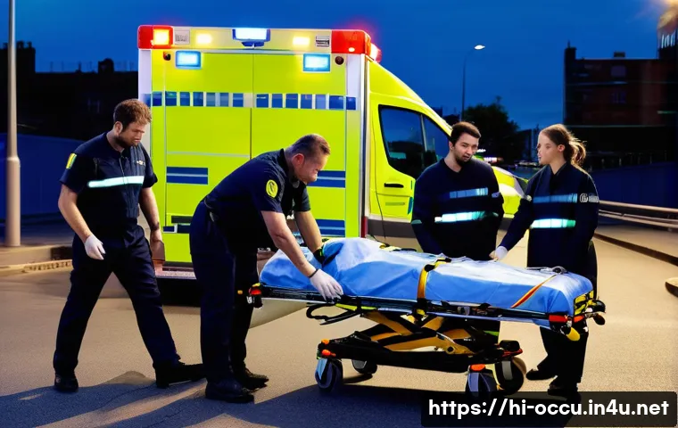 응급구조사와 초보자를 위한 가이드 - **Prompt:** "A realistic and dynamic scene showing two dedicated paramedics, one male and one female...