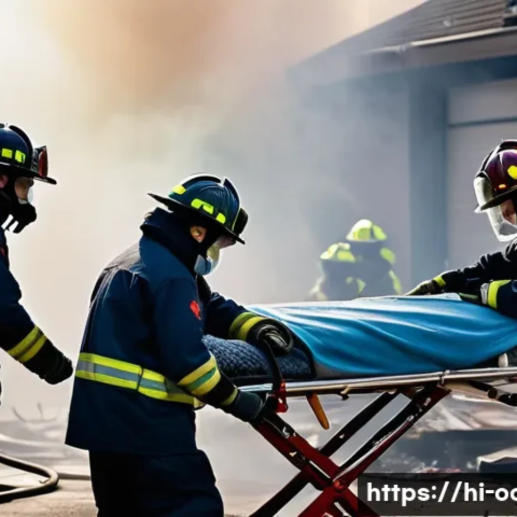 응급구조사와 생명구조 교육 - **Prompt:** "A powerful image depicting a team of firefighters in full protective gear, including he...