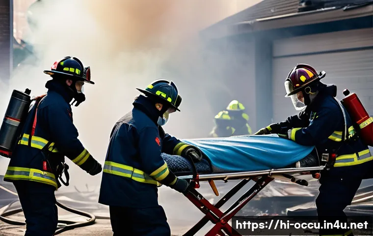 응급구조사와 생명구조 교육 - **Prompt:** "A powerful image depicting a team of firefighters in full protective gear, including he...