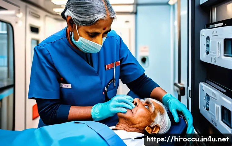 응급구조사와 고령화 사회 - A compassionate Emergency Medical Technician (EMT) in modern uniform providing advanced life-saving ...