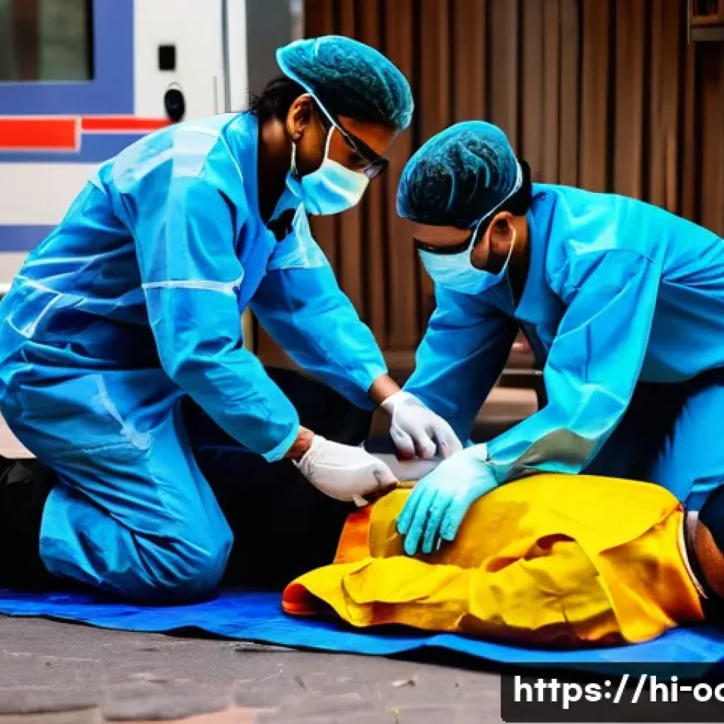 응급구조사 출동 후 환자 이송 평가 - A detailed scene of an Emergency Medical Technician (EMT) performing rapid assessment on a patient a...