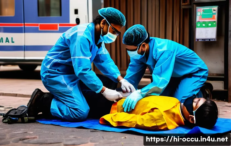 응급구조사 출동 후 환자 이송 평가 - A detailed scene of an Emergency Medical Technician (EMT) performing rapid assessment on a patient a...