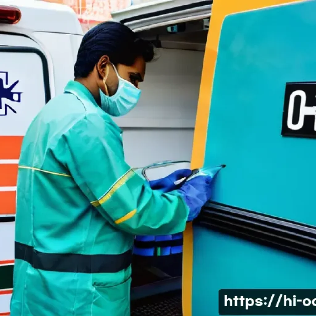 응급구조사와 출동 준비 과정 - A detailed, realistic scene of a Hindi-speaking emergency medical technician performing a thorough e...