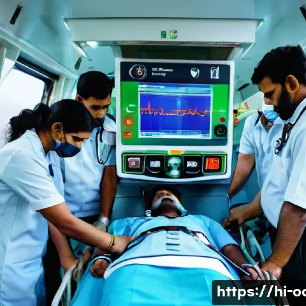 응급구조사 출동 차량 장비 - A detailed scene inside a modern emergency ambulance in India, featuring paramedics using advanced m...