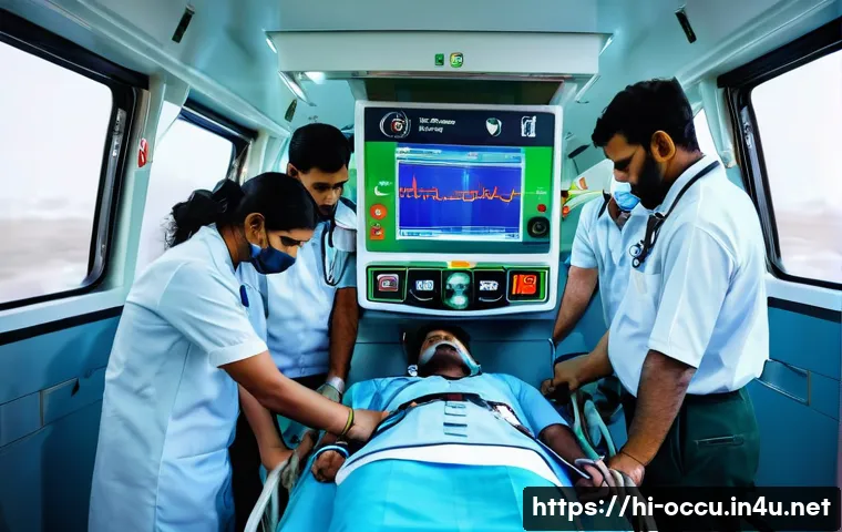 응급구조사 출동 차량 장비 - A detailed scene inside a modern emergency ambulance in India, featuring paramedics using advanced m...