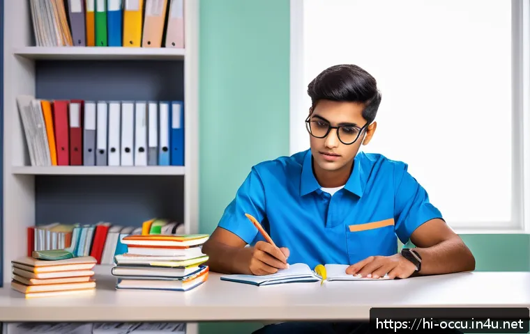 응급구조사 시험 공부 팁 - A focused young Indian male EMT student studying diligently at a clean, well-lit desk with medical t...
