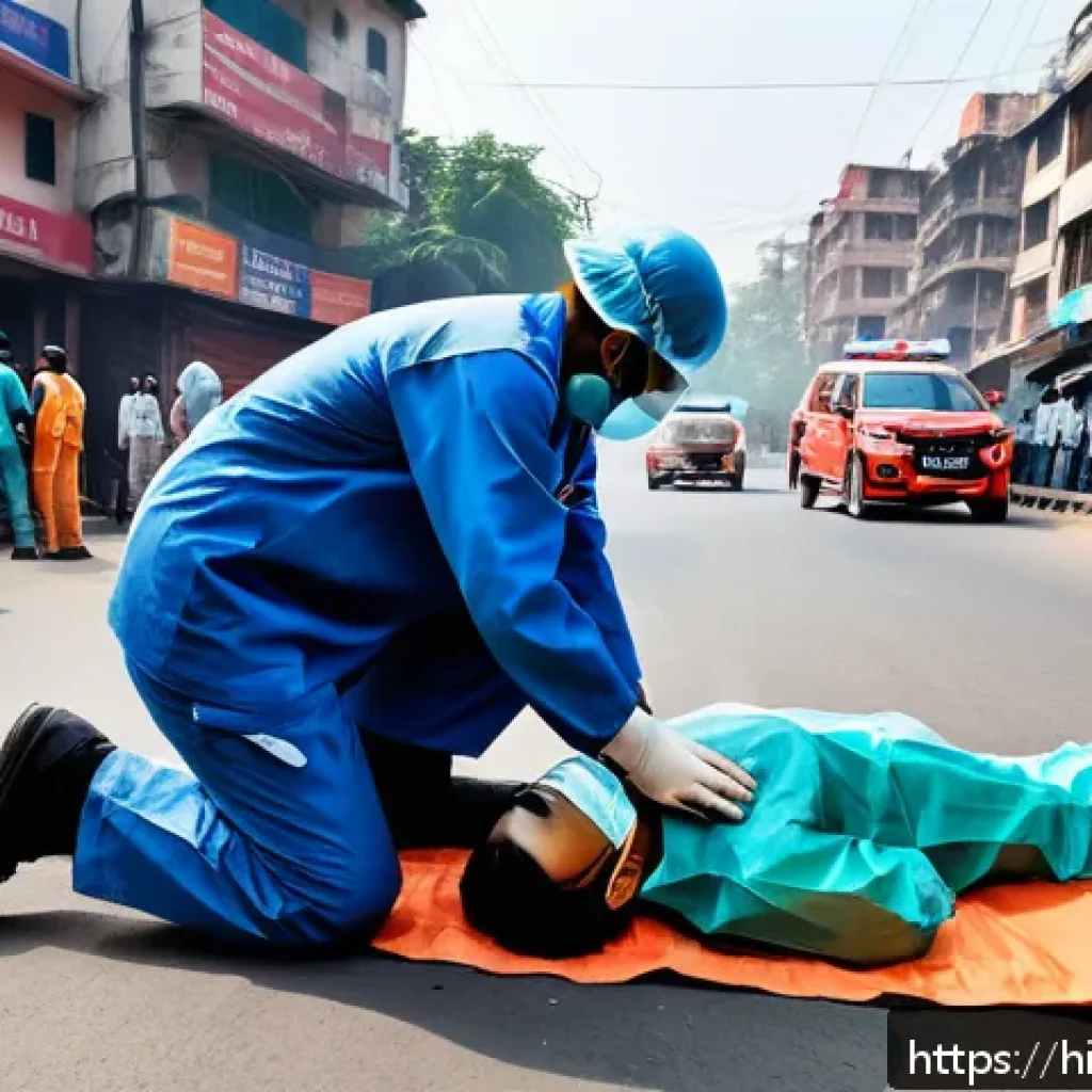 응급구조사 실무 교육 - A highly detailed scene of an emergency medical responder performing CPR on a patient at an accident...