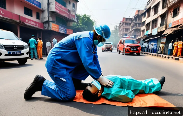 응급구조사 실무 교육 - A highly detailed scene of an emergency medical responder performing CPR on a patient at an accident...