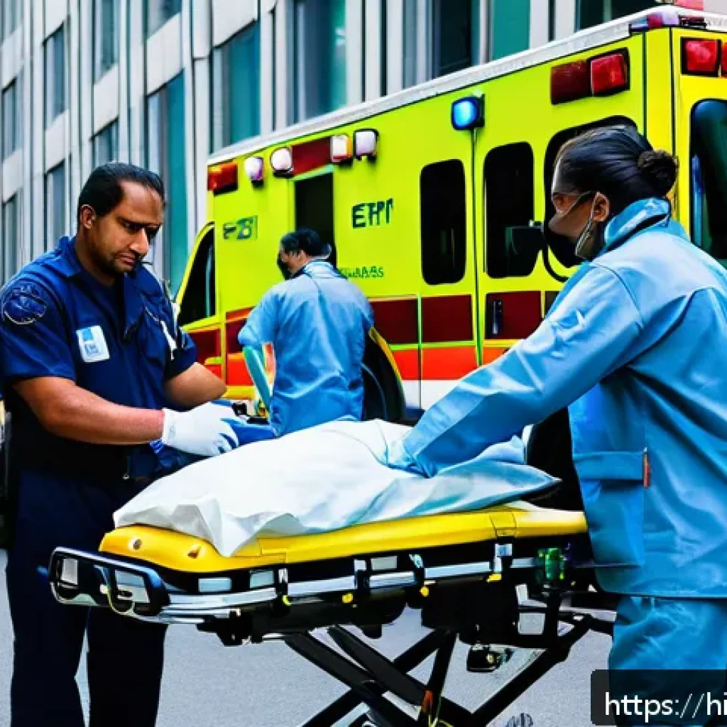 응급구조사 근무 지역별 주요 특징 - A dynamic urban emergency medical technician (EMT) scene showing a skilled EMT in professional unifo...