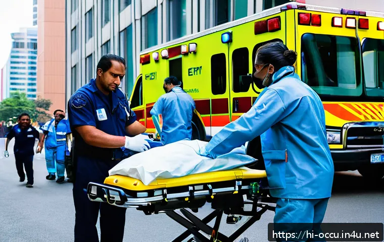 응급구조사 근무 지역별 주요 특징 - A dynamic urban emergency medical technician (EMT) scene showing a skilled EMT in professional unifo...