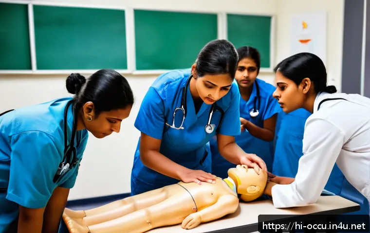 응급구조사 시험 과목 - A detailed classroom scene of a Hindi-speaking emergency medical technician (EMT) training session, ...