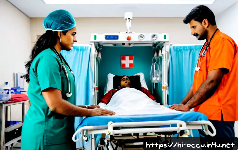 Home 17 응급구조사와 응급전문팀 구성 - Photorealistic Indian emergency response team in a modern hospital trauma bay, experienced paramedic...