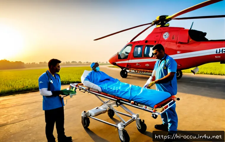 Home 30 응급구조사와 항공 의료팀 - Photorealistic air medical emergency scene at sunrise, a skilled paramedic in clean rescue uniform a...